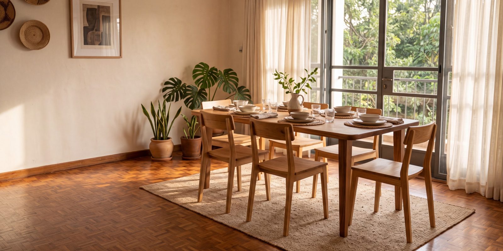 The Tana dining table laid for six in a sunlit dining room