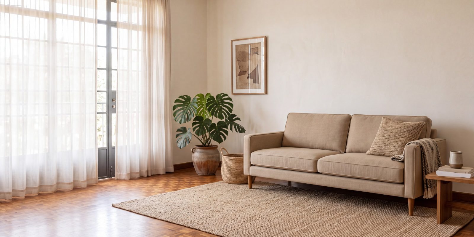 The Amani sofa in Sand in a bright Nairobi living room, with a sisal rug and a monstera by the window